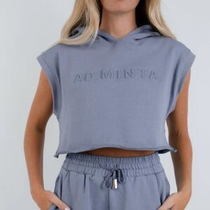 NWT New Arminta Watts Hooded Crop Muscle Tank Dusty Blue Large